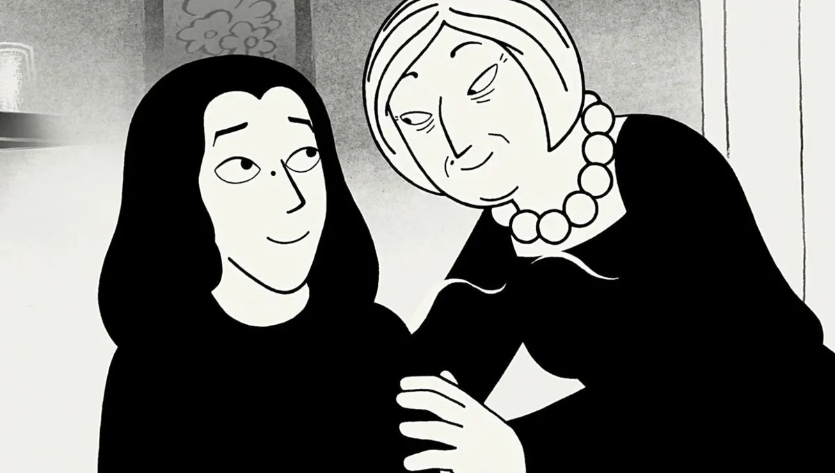 Illustration en noir et blanc dans le style de Marjane Satrapi : Marjane jeune femme aux cheveux longs accompagnée de sa grand-mère adorée, souriante et portant un collier de perles.