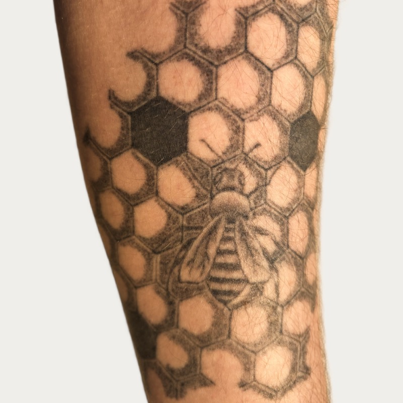Avant-bras tatoué avec une représentation à plat des alvéoles d'une ruche et dessus une abeille. Certaines alvéoles sont remplies.